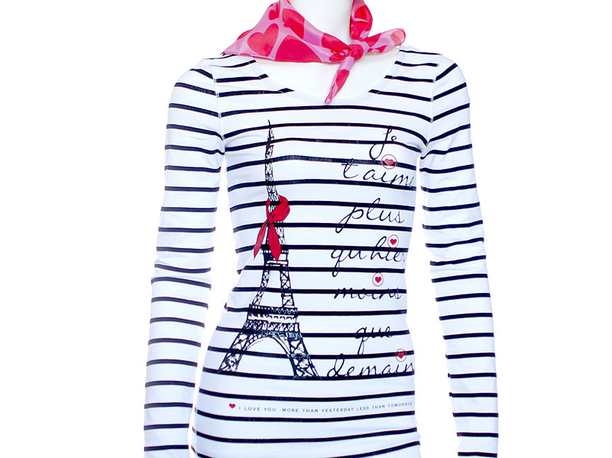 Text on t-shirt  - Paris - Je t'aime - White Black Stripes