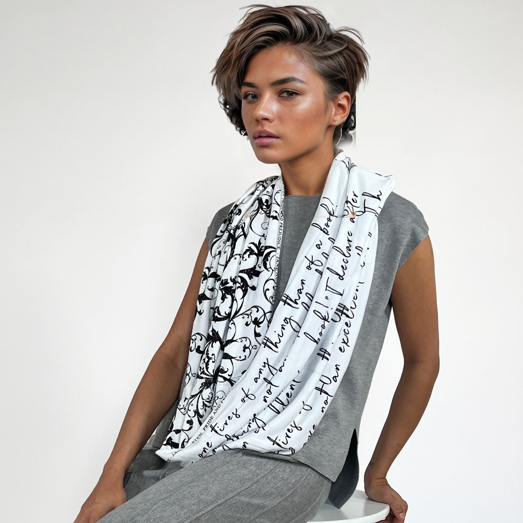 "Pride and Prejudice" book scarf. "The Library" Quote