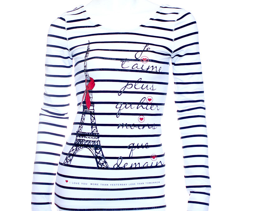 Text on t-shirt  - Paris - Je t'aime - White Black Stripes