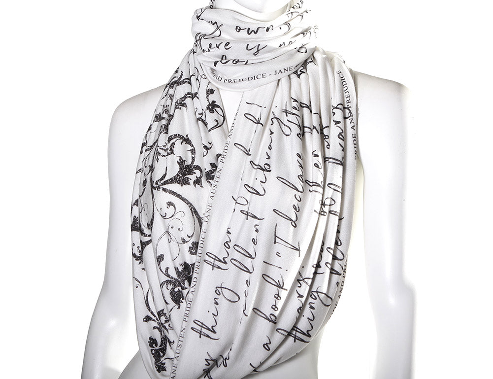 "Pride and Prejudice" book scarf. "The Library" Quote